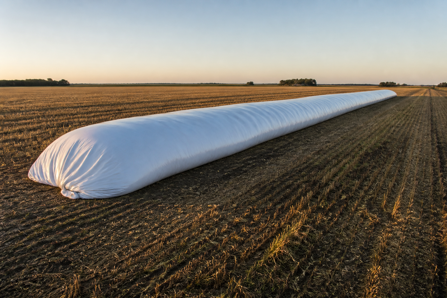 Silobolsa blanco almacenando grano en un campo cosechado