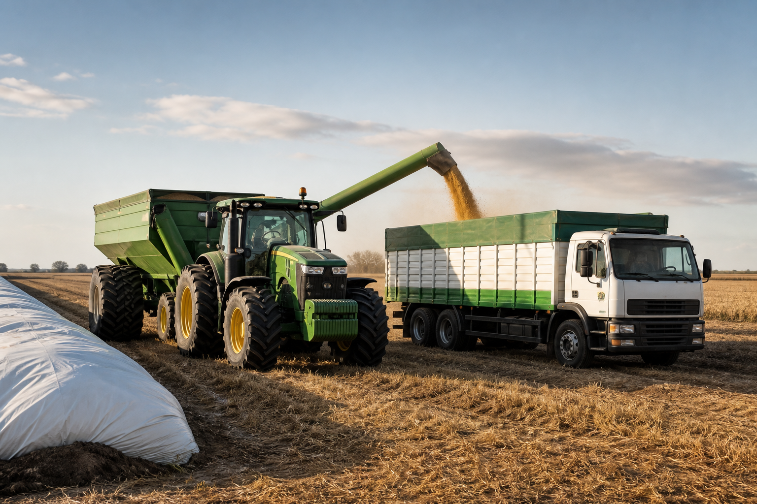 Transferencia de grano desde maquinaria agrícola hacia un camión